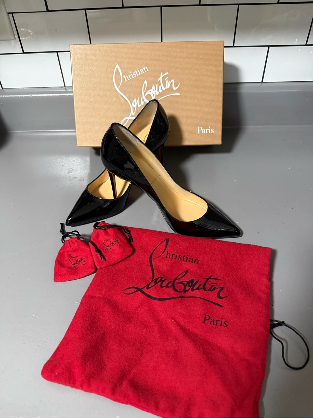 Christian Louboutin Black Patent Leather Pointed Pumps with Red Dust Bag Accents